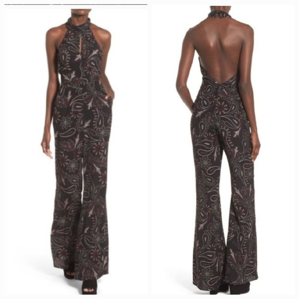ASTR The Label Anthropologie Paisley Wide Leg Halter Jumpsuit Black Multi Small